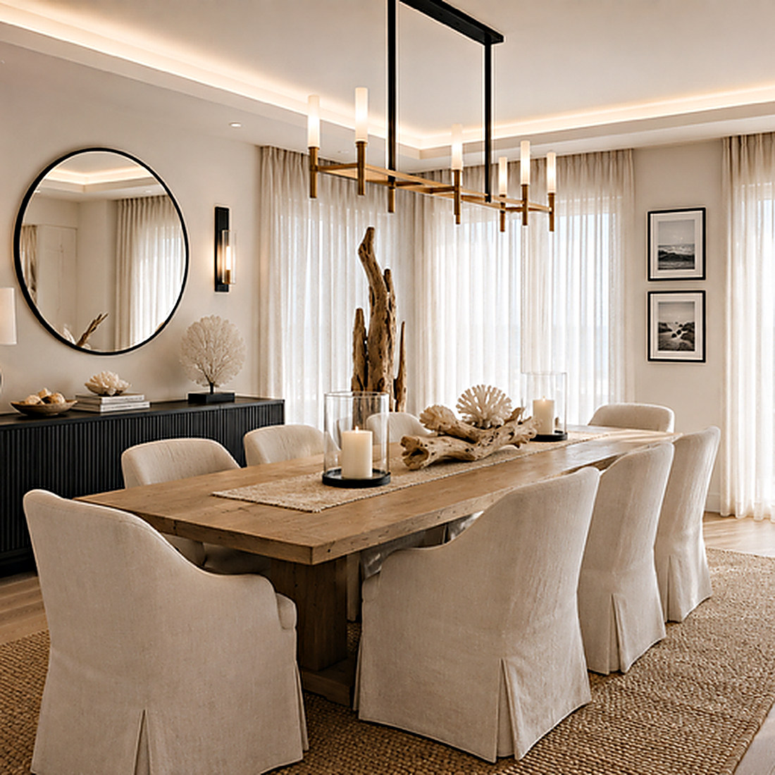 Coastal style dining room designed by Next Level Design