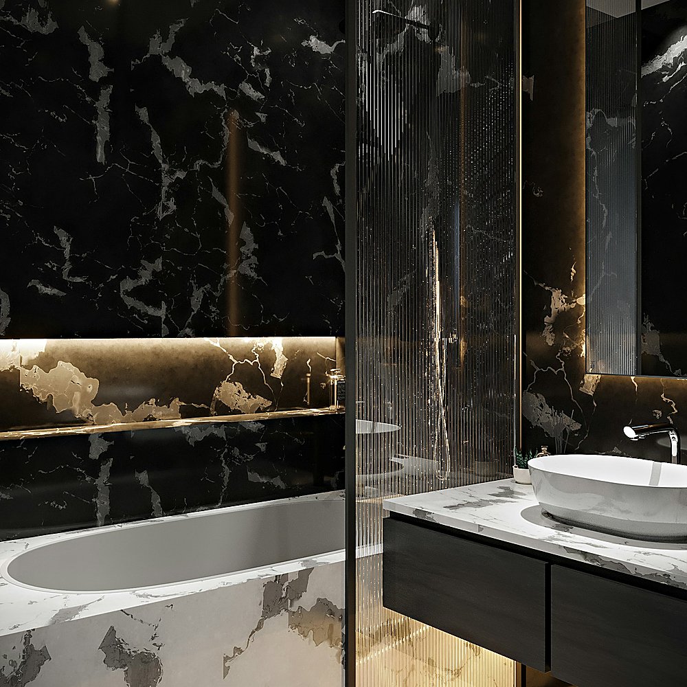 Hollywood Glam style bathroom designed by Next Level Design